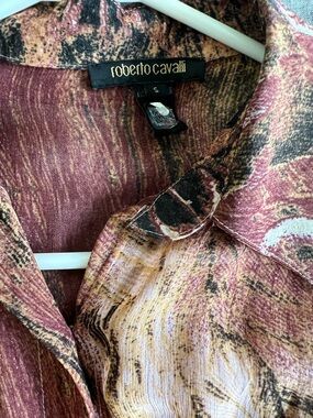 Roberto Cavalli Maroon, Tan and Black Abstract Print Button-Up
